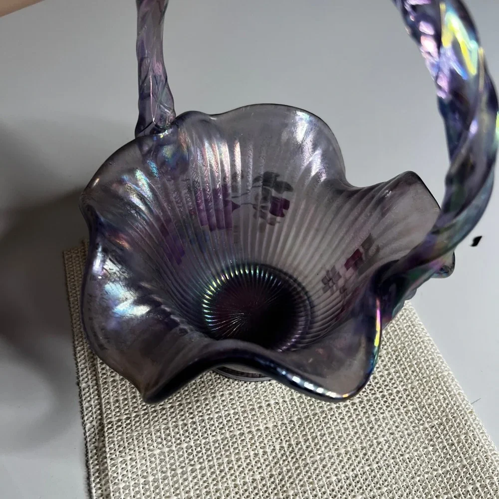 Fenton Purple Carnival‎ Glass Basket Hand Painted Floral Signed D Robinson 8